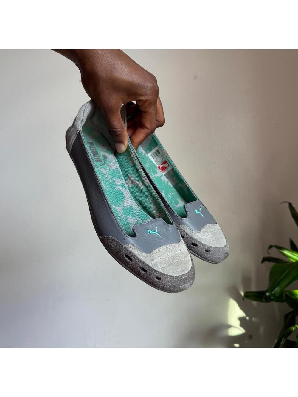 Y2K Puma Leather & Suede Ballet Flats Grey Teal Ballerina Slip-On Sneakers US 7